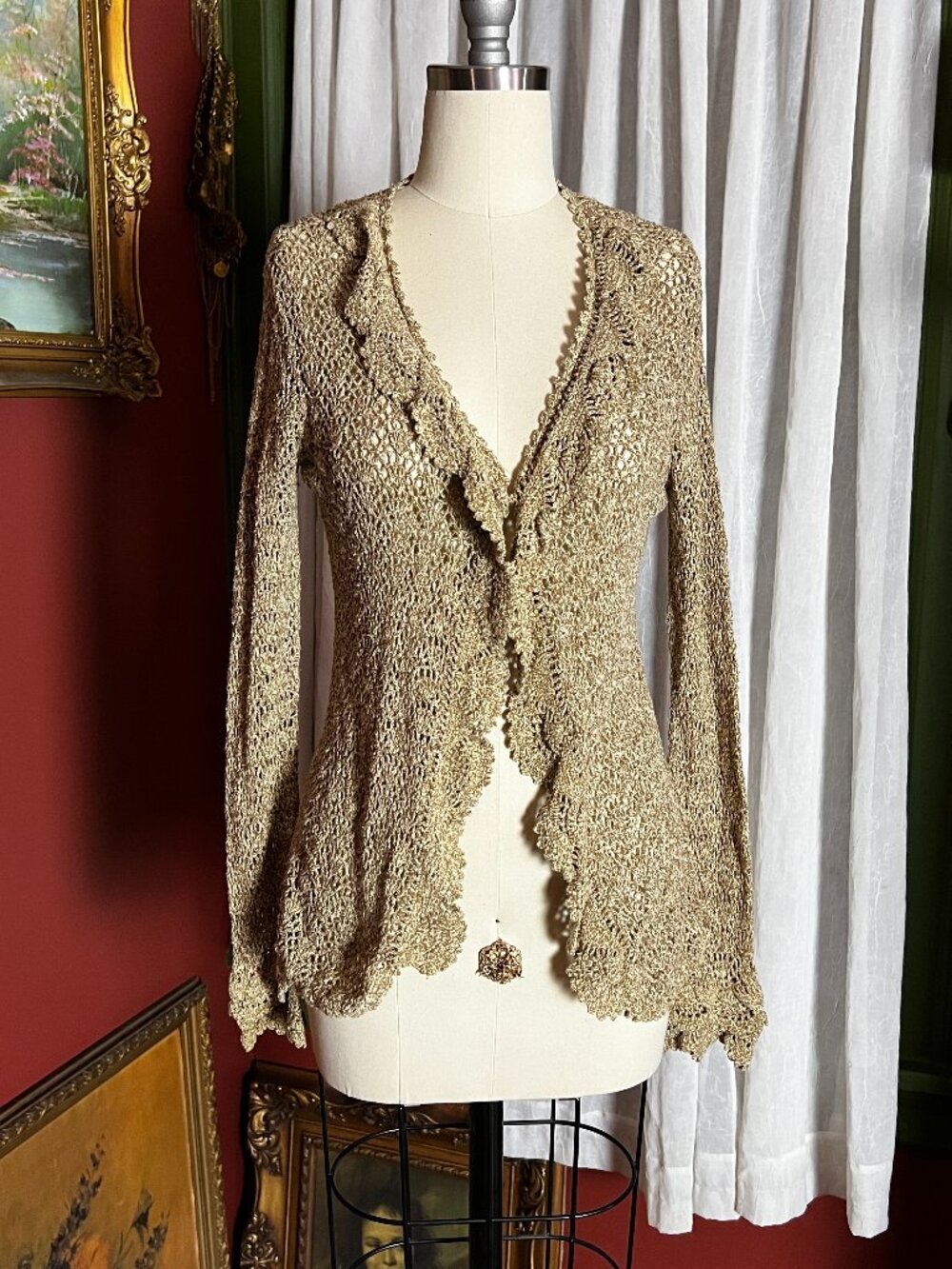 Gold Silk/Cotton Crochet Cardigan